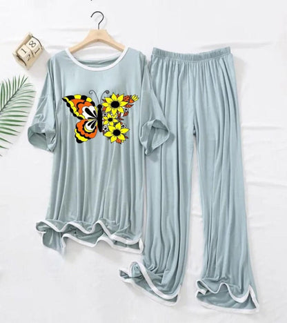 COLORED BUTTERFLY PRINTED TRENDY LOUNGE WEAR FOR WOMEN