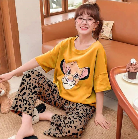 Yellow - Lion Face Printed Nightwear Set For Women