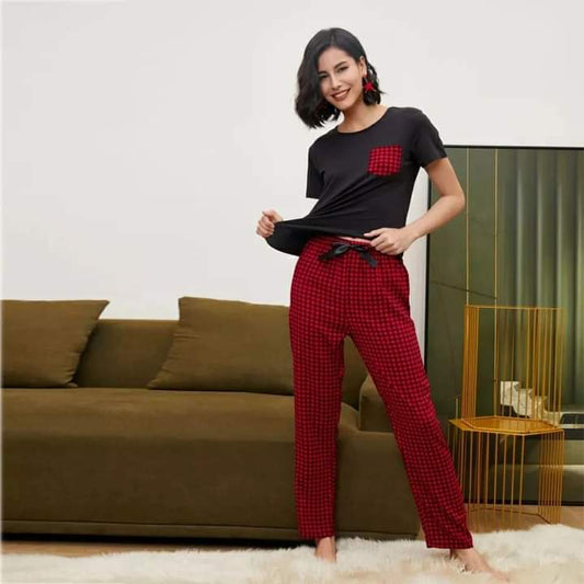 RED CONTRAST CHECKERED NIGHT WEAR SET