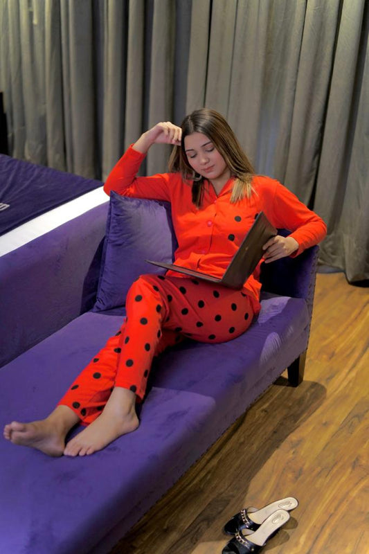 Red Polka Dot Full Sleeves Printed Nightwear