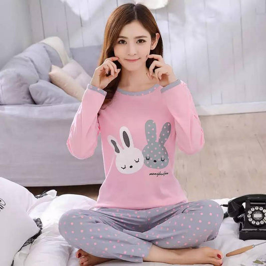 Rabbit Print Warm Pajama Set Long Sleeve Full Trousers Two Piece
