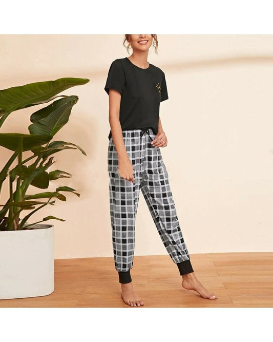 Black Half Sleeves & Checkered Rib Pajama Set