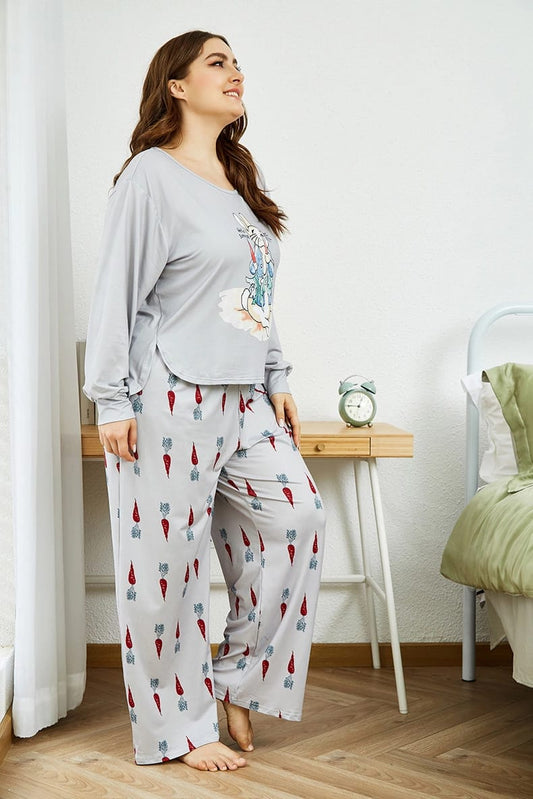 Gray Full Sleeves Rabbit Printed With Carrot Pajama Nightsuit