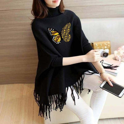 Butterfly Printed Turtleneck Women Pullover Sweater Spring Jumper