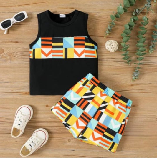 COLORFUL GEOMETRY PRINT TANK TOP AND SHORT SET