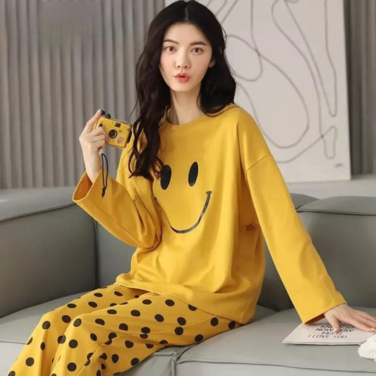 Yellow Full Sleeves Smiley Printed Nightwear