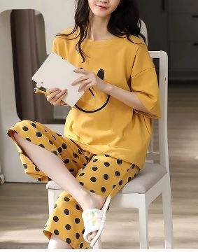 Yellow Half Sleeves Smiley Printed Nightwear
