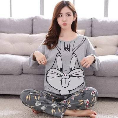 Gray Rabbit Printed Full Sleeves Nightwear