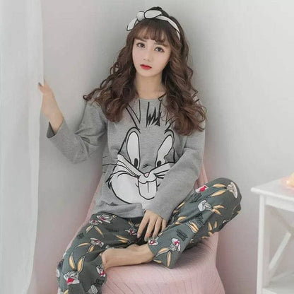Gray Rabbit Printed Full Sleeves Nightwear