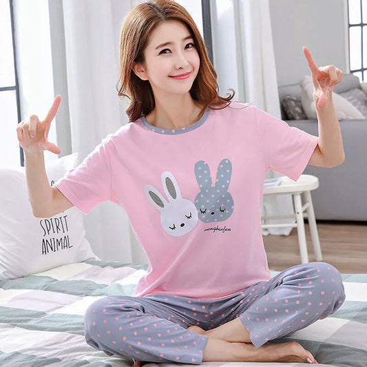 Rabbit Print Warm Pajama Set Half Sleeve & Trousers Two Piece