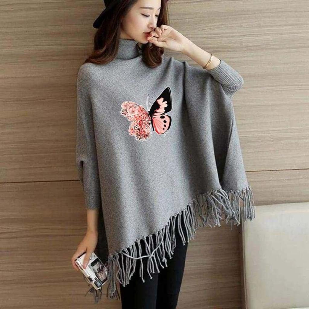 Butterfly Printed Turtleneck Women Pullover Sweater Spring Jumper