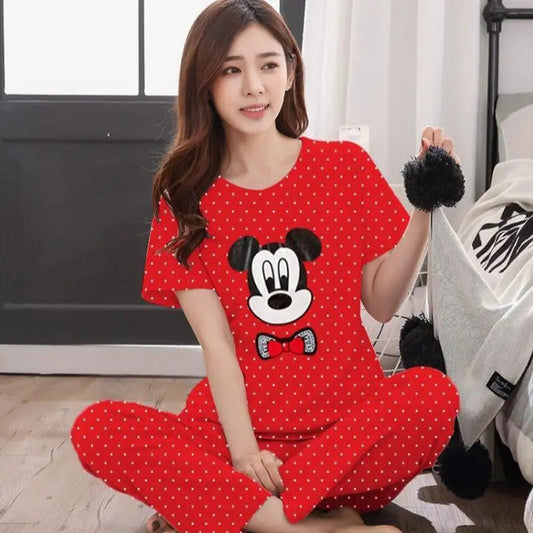 Red Polka Dot Mickey Mouse Half Sleeves Printed Nightwear